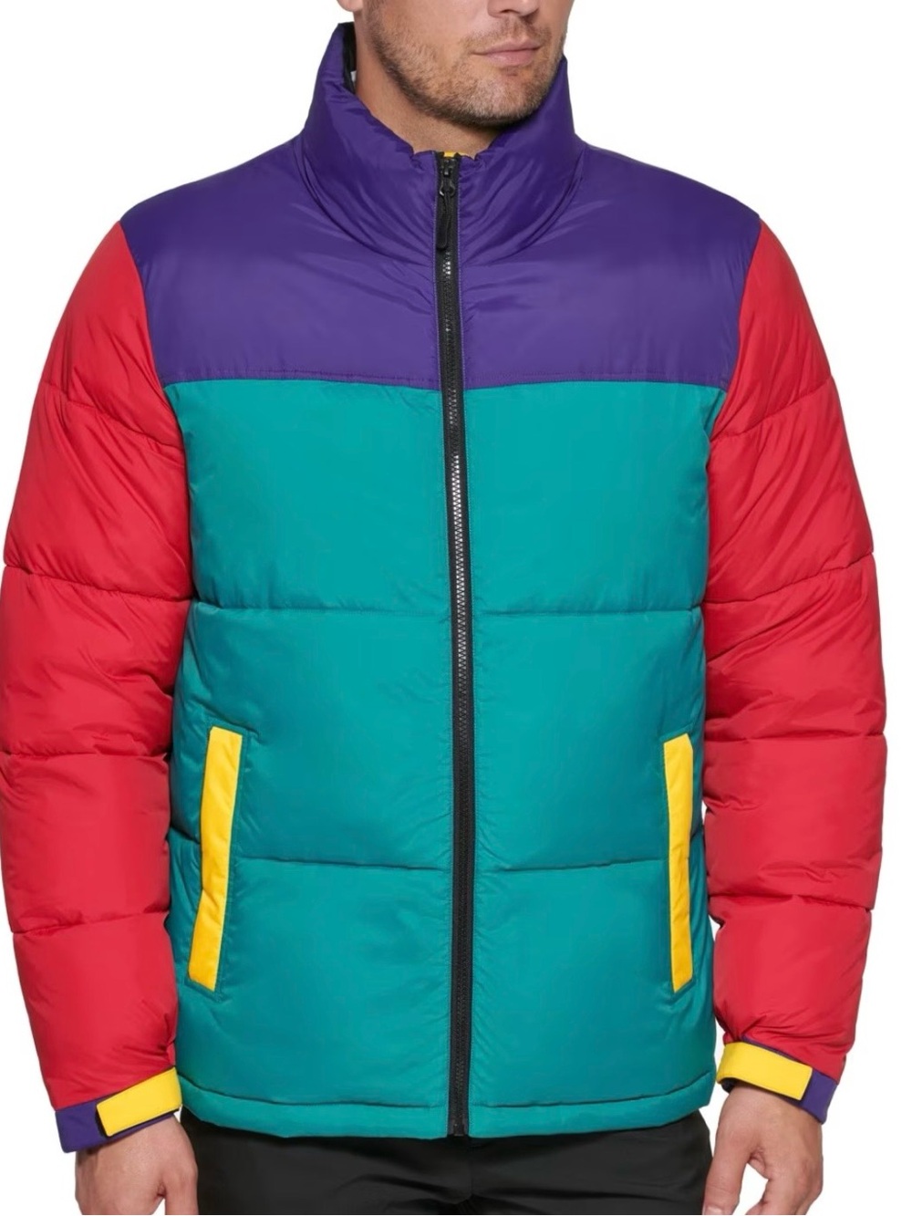 Men's Colorblock Puffer Jacket in Teal, Red & Purple